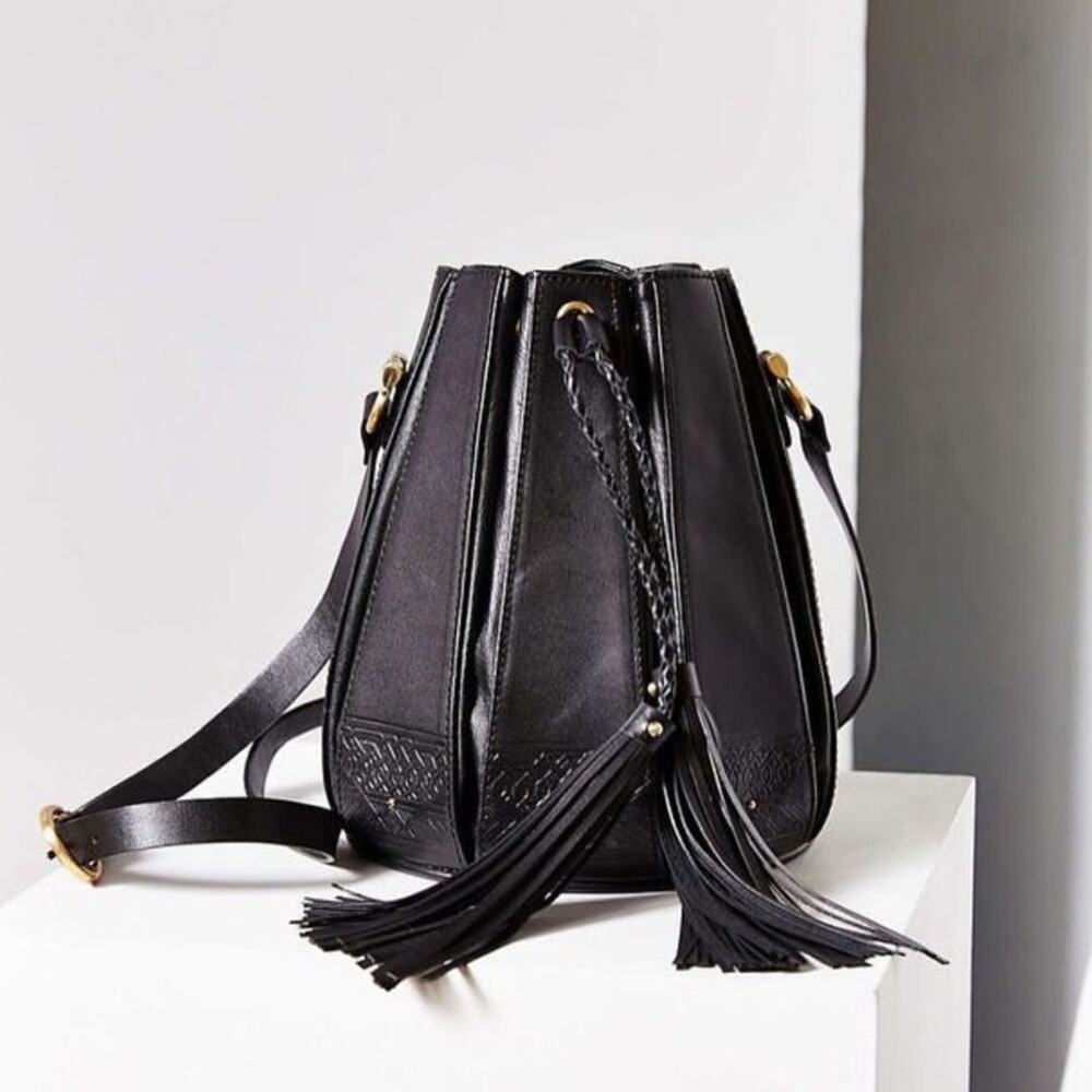 SANCIA Stella bucket bag black leather embossed fringe crossbody bag